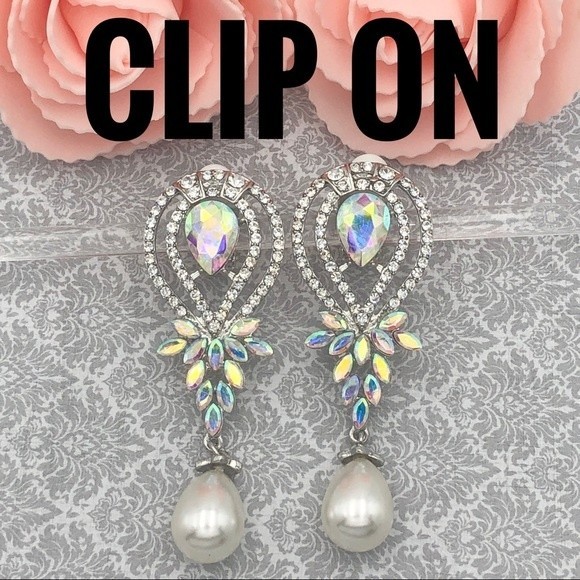 Large AB Iridescent Pearl Rhinestone Clip On Long Earrings - Picture 1 of 4